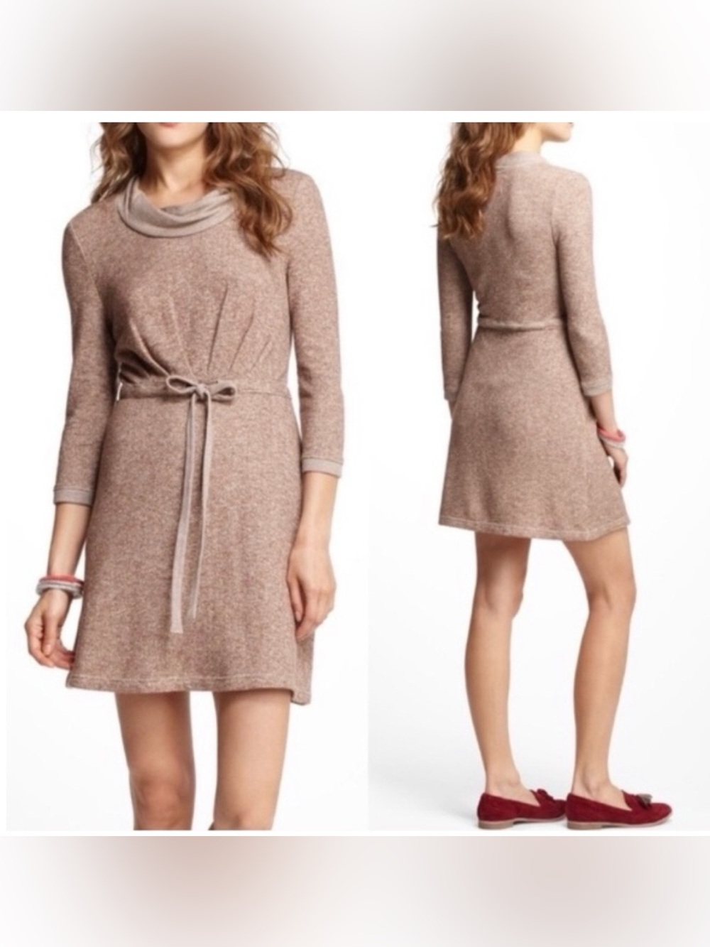 Anthropologie Taupe Belted Cowl-Neck Long-Sleeve Dress
